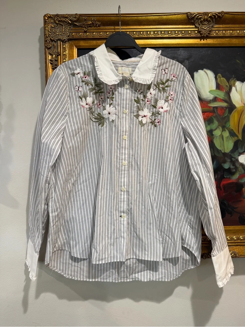 Kate Spade StripedEmbroidered Button-Down Top with Peter Pan Collar - White/Pink